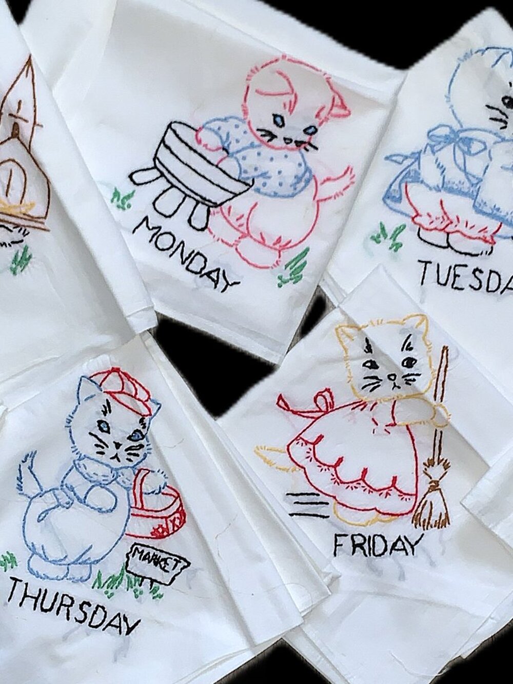 7 Vintage Embroidered Kitten Cat Day-of-Week Tea Towels Anthropomorphic Chores